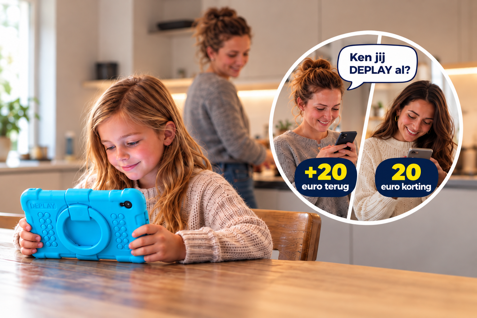 Een meisje speelt met een DEPLAY kindertablet aan de keukentafel, haar moeder kijkt toe